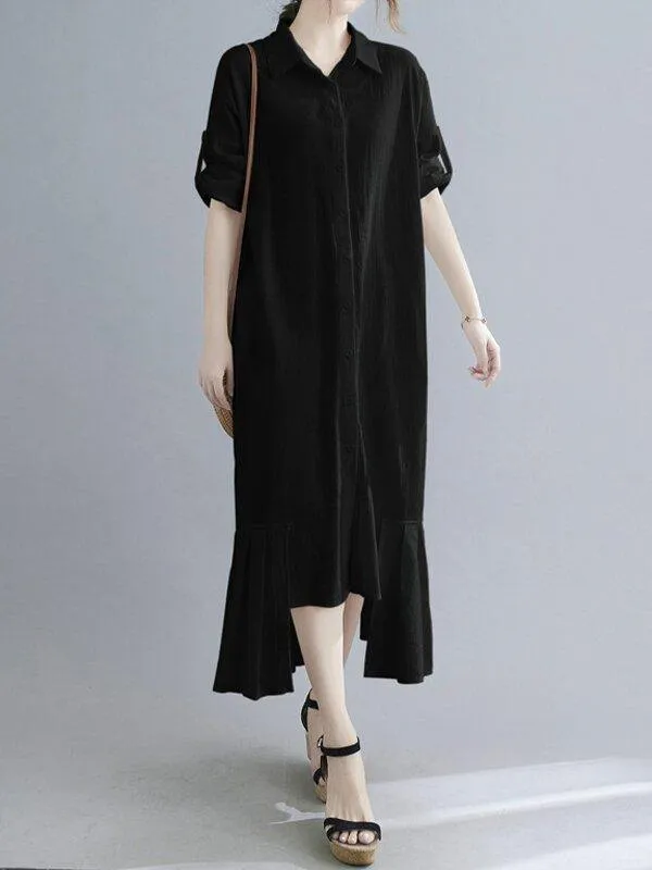 Lapel Cotton And Linen Long Maxi Dress