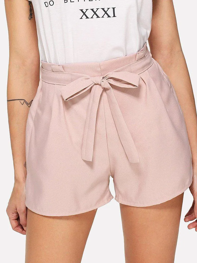 Self Tie Waist Solid Shorts