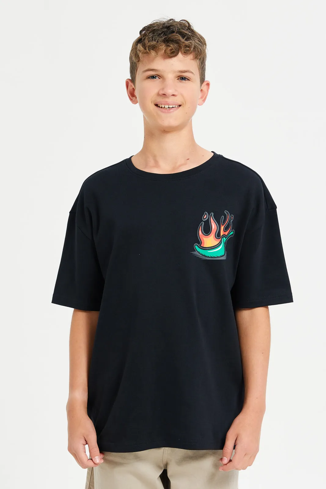 Senior Boys Black Stickers Front And Back Print Oversize T-Shirt